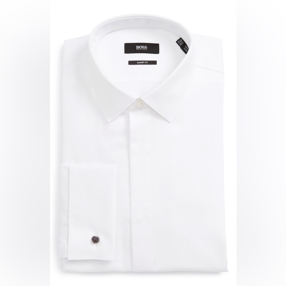 Boss White Men’s Dress Shirt – Sharp Fit Point Collar